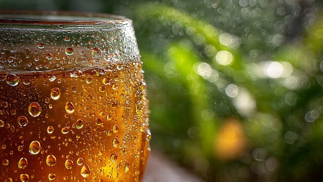 Macro close-up of a cold glass covered in condensation droplets, filled with amber iced tea or beer against a lush green bokeh background. Refreshing beverage concept.