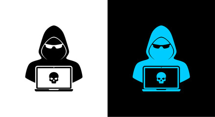 Hacker icons with laptop and skull. © Arfan