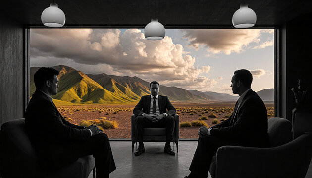 Business Meeting with Three Men in Suits Against Desert Mountain Landscape