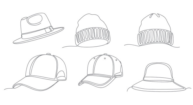 Set of continuous line drawing hats: fedora, beanie, baseball cap, sun hat