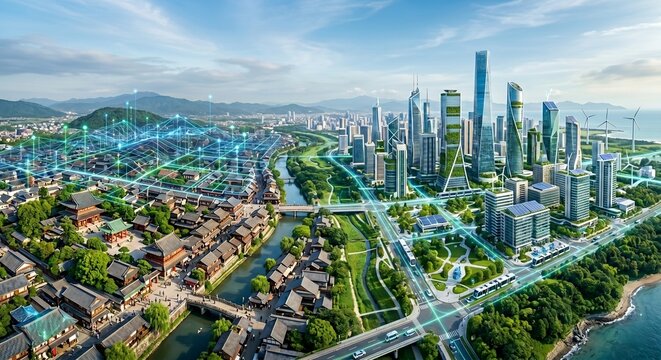 Smart city and digital twin network combining future green tech with traditional historic coastal town for sustainable urban planning