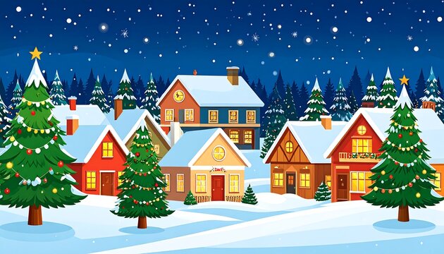 Cartoon village scene at night, snow covers rooftops and ground, lit windows show warmth, Christmas trees decorate the landscape