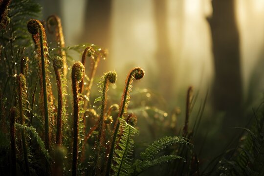 Fern fiddleheads emerging with morning dew in a misty forest macro shot with golden hour lighting for environmental conservation marketing