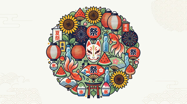 Japanese Summer Festival Matsuri Traditional Elements Illustration in Circular Layout - Kitsune Mask, Goldfish, Lanterns, and Sunflowers
