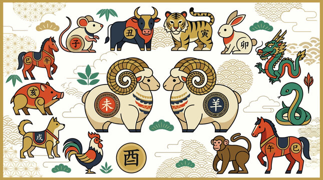 Chinese Zodiac Animal Illustrations, 12 Traditional Asian Horoscope Symbols for Lunar New Year, Modern Flat Vector Style with Kanji Characters and Decorative Patterns
