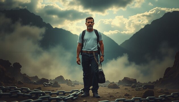 Man Walking Amidst Mountains and Chains Under Dramatic Sky