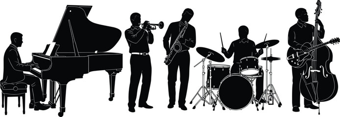 Black and white silhouette illustration of jazz band musicians performing with piano, trumpet, saxophone, drums, and upright bass in dynamic artistic composition © Rubina