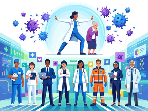 Medical Team and Female Doctor Protecting Elderly Woman with Safety Shield from Viruses; Healthcare Professionals Defending Vulnerable Seniors, Pandemic Immunity Concept