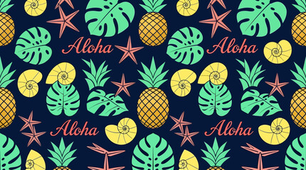 Tropical Aloha Seamless Pattern with Pineapples, Monstera Leaves, Starfish, and Shells  Summer Holiday Background for Wallpaper, Textile, and Fabric Design © Resa
