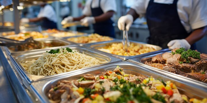 Food service manager and culinary staff preparing a buffet line for professional office workers, concept for business lunch event, corporate catering services and company cafeteria menu