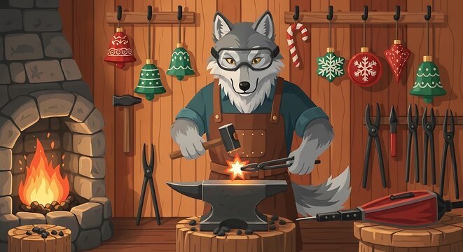 Cartoon wolf blacksmith wearing goggles, striking glowing metal on an anvil in workshop, Christmas decorations