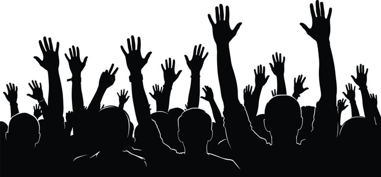 Black silhouette of crowd with raised hands, symbolizing participation, enthusiasm, cheering, voting, collective action, unity, and social event energy on white background.