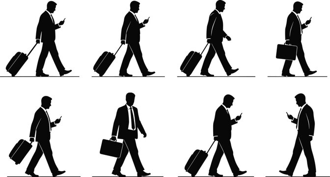 Black silhouettes of businesspeople walking with suitcases and briefcases while using smartphones, symbolizing modern corporate travel, communication, mobility, and professional life