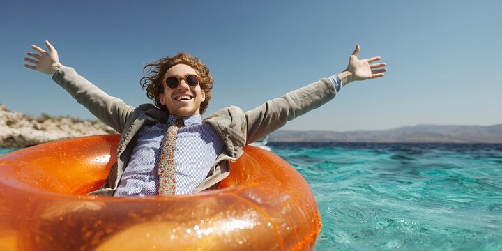 Successful corporate executive wearing formal suit floating on orange ring in tropical sea water with arms outstretched, concept for work life balance, business travel and vacation freedom