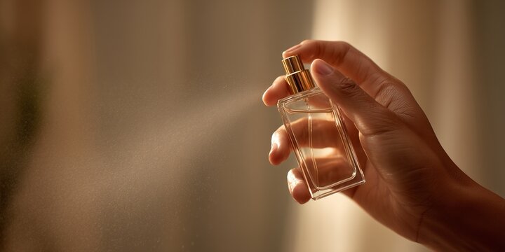 Elegant woman's hand holding a glass perfume bottle and spraying a fine mist against a soft warm background, concept for luxury beauty marketing, fragrance product promotion and skincare advertisement