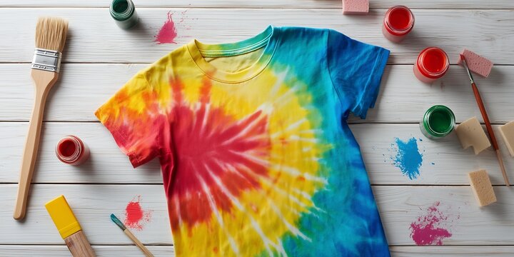 Bright colorful tie-dye shirt with spiral pattern on white wooden table surrounded by paint jars, brushes and sponges, concept for creative hobby workshop, DIY fashion project and summer activity