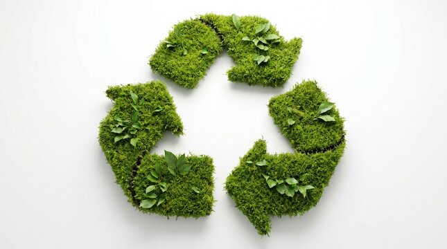S&iacute;mbolo de reciclagem feito de musgo verde e folhas frescas, isolado em fundo branco, conceito de sustentabilidade e ecologia