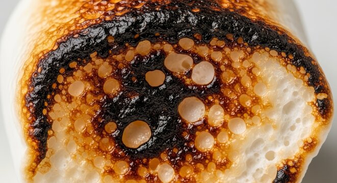 Close-up view of a perfectly toasted and slightly caramelized marshmallow, showcasing its melted textures and sweet browned surface