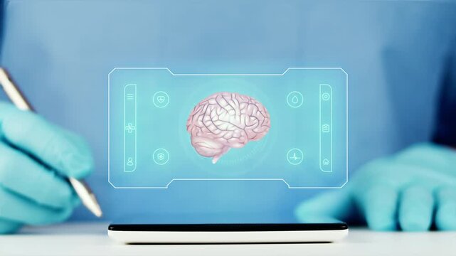The doctor presents a digital brain interface on his tablet. Concept of neuroscience, telemedicine, and artificial intelligence for neuronal monitoring, brain analysis, and cognitive data detection.