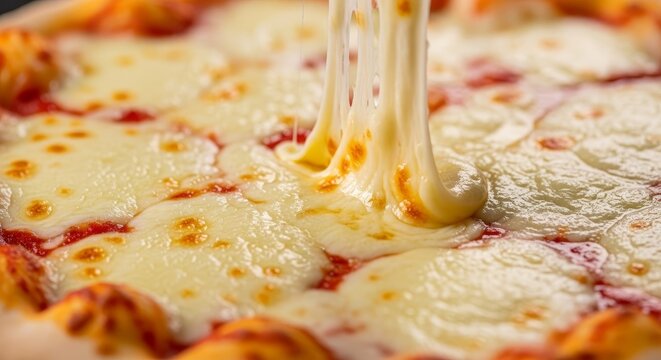 Extreme close-up of molten, stringy cheese stretching from a fresh baked pizza, showcasing delicious gooey texture