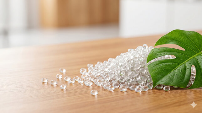 Biodegradable bio plastic pellets with green organic leaf