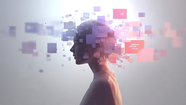 Silhouette of a woman profile with colorful digital data blocks exploding from her mind. Conceptual art for artificial intelligence, mental overload, social media, and human psychology.
