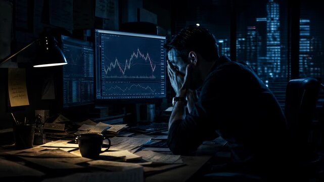 Financial Turmoil: A solitary man, consumed by despair, stares at a volatile stock market graph on his computer screen in a dimly lit office, reflecting a deep sense of financial loss and stress.
