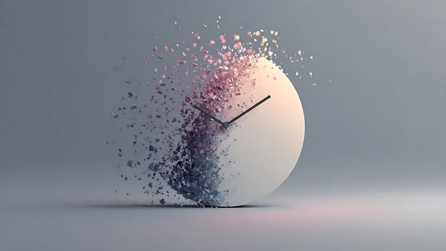 Minimalist white wall clock dissolving into a cloud of exploding particles against a gray background. Creative concept for passing time, aging, fast deadlines, stress, and impermanence.