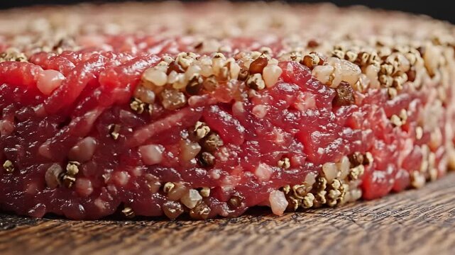 Closeup of Raw Steak Tartare Seasoned with Peppercorns and Herbs.
