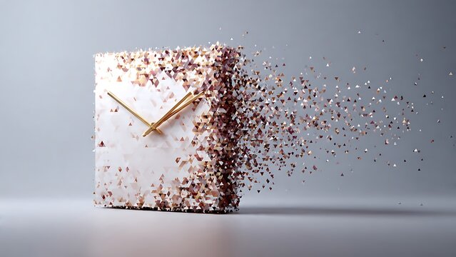 Minimalist square white clock dissolving into a cloud of pink and gold particles against a gray background. Creative concept for passing time, fast deadlines, stress, and fleeting moments.