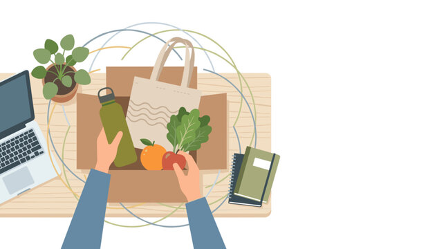 Hands unpack a cardboard box filled with fresh produce, reusable shopping bag, water bottle, and laptop on a desk. A potted plant and books are nearby, symbolizing a healthy and organized lifestyle.