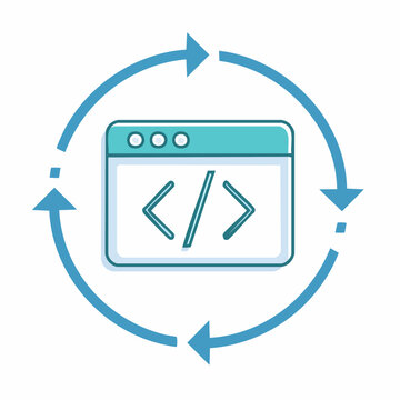 Computer code on screen with circular refresh arrows symbolizing development process