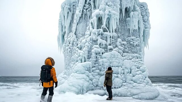 Two people exploring a massive frozen lighthouse structure covered in thick ice during a winter storm, representing extreme cold weather, adventure travel, and climate change