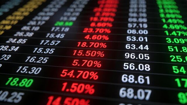 Stock Market Data Display: A close-up view of a digital stock market board displaying financial data, with numbers and percentages shown in red and green, indicating price fluctuations.