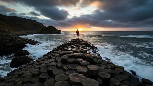 Solitary man standing on basalt columns at sunset overlooking the ocean, representing freedom, adventure, mindfulness, and personal growth in nature