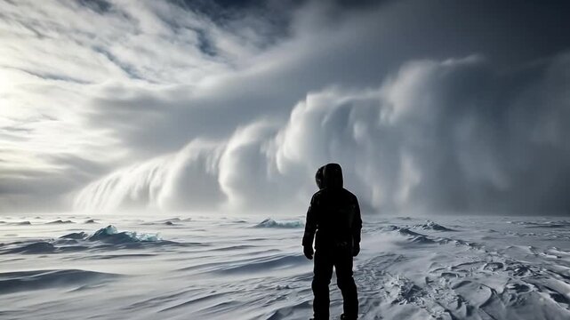 Lone explorer standing on arctic ice shelf facing massive dramatic storm cloud wall, conceptual image of climate change, extreme weather, isolation, and human vulnerability in nature