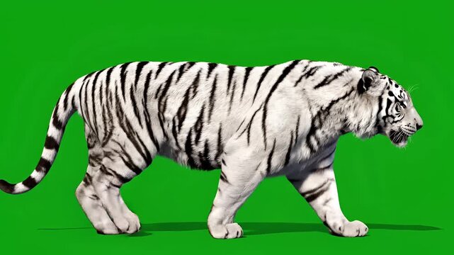 Majestic White Tiger Walks Gracefully on Green Screen Background.