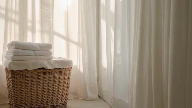 Stack of folded white towels on a wicker basket near sheer curtains