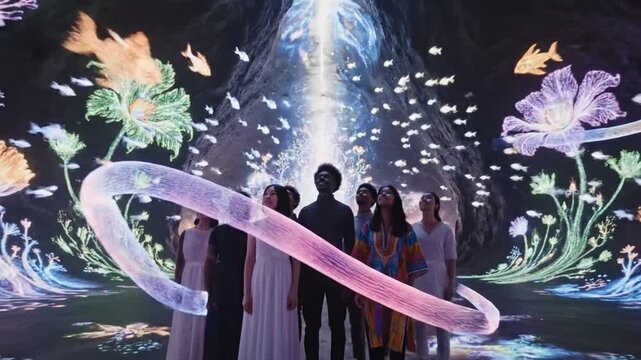 Diverse people experience immersive projection art