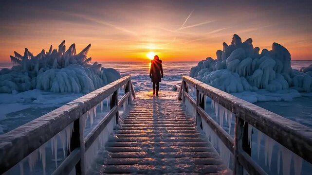 Solitary woman walking on icy wooden pier towards sunset over frozen lake, winter landscape concept representing loneliness, hope, new beginnings and resilience