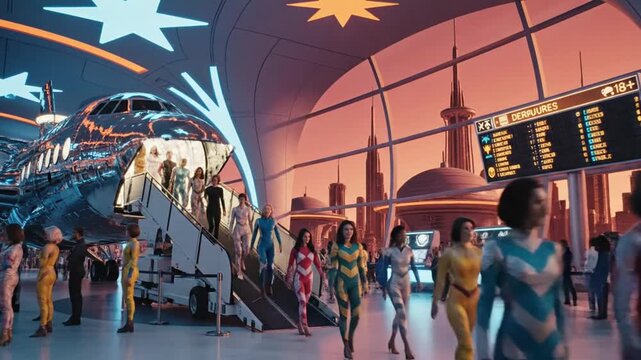 Diverse people in futuristic airport with airplane and cityscape