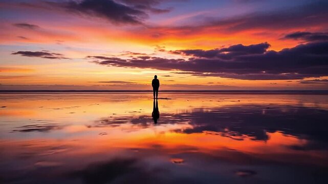 Lone person standing on reflective wet beach at sunset, silhouette of solitary man contemplating life, concept of mindfulness, peace, solitude, and inner reflection