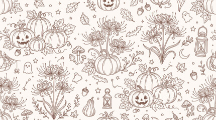 Seamless Halloween pattern with cute pumpkins, spiderwebs, ghosts, and autumn leaves in a doodle style. © Bara
