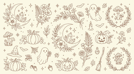 Whimsical Halloween Elements Collection with Moon, Pumpkins, Ghosts, and Flowers. © Bara