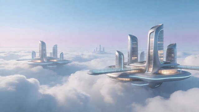 Futuristic floating cities in sky