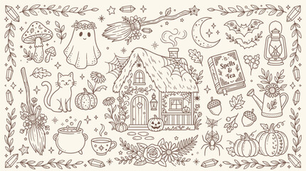 Whimsical Halloween Elements Collection with Witch House, Cat, Ghost, and Magical Objects. © Bara