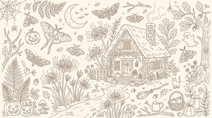 Whimsical Autumn Cottage Scene with Moths, Moon, and Halloween Elements. © Bara