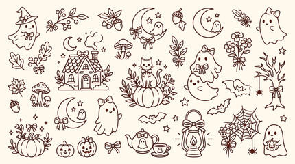 Cute Halloween Elements Collection with Ghosts, Pumpkins, and Cats in a Whimsical Style. © Bara