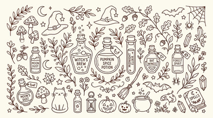 Whimsical Hand-Drawn Halloween Elements Collection Featuring Witchcraft, Potions, and Spooky Icons. © Bara