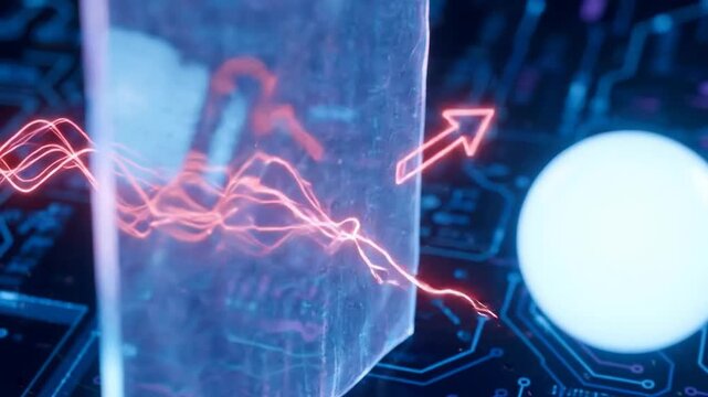 Cybersecurity risk management concept featuring digital shield blocking threat and arrow symbolizing protection with glowing sphere circuit board